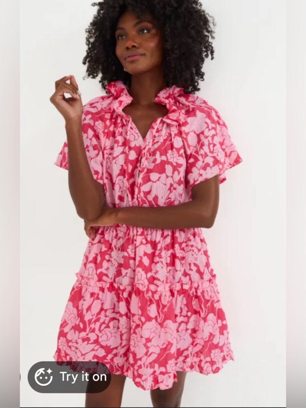 Pink Floral Ruffle Neck Thea Mini Dress